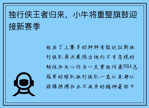 独行侠王者归来，小牛将重整旗鼓迎接新赛季