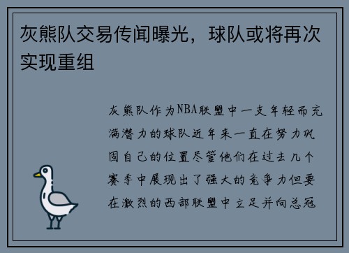 灰熊队交易传闻曝光，球队或将再次实现重组